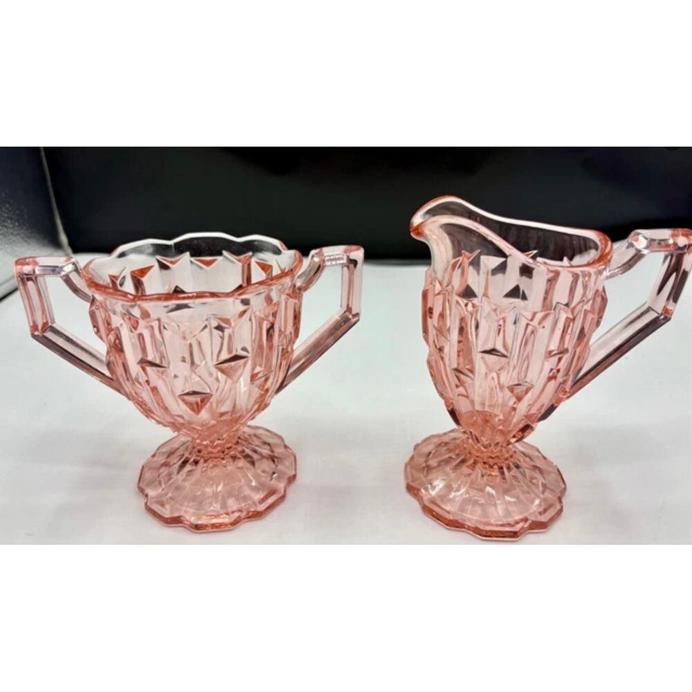 Antique Pink Central Glass Works -Frances- Open Sugar & Creamer Set From 1928